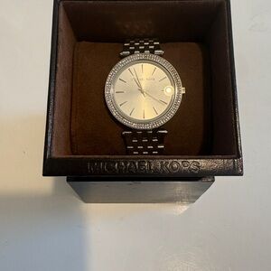 Michael Kors Silver Crystal Bezel Stainless Steel Bracelet Watch and box